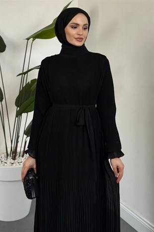Velissa Pliseli Vatkalı Şifon Elbise Siyah