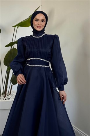 Velmora Beli Yakası Taşlı Abiye Lacivert