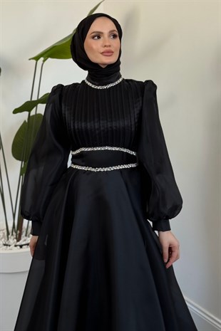 Velmora Beli Yakası Taşlı Abiye Siyah