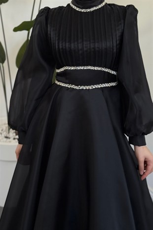 Velmora Beli Yakası Taşlı Abiye Siyah