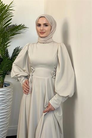 Vento Yanları Büzgülü Çan Elbise Krem