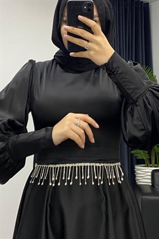 Venüs Beli Taşlı Abiye Siyah