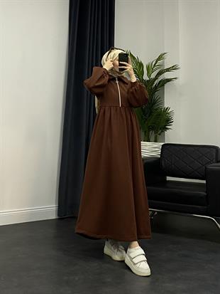 Vereniko Fermuarlı Sweat Elbise Kahverengi