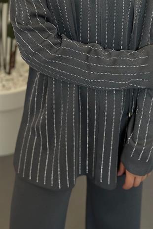 Verona Taşlı Fermuarlı Kapüşonlu Takım Füme