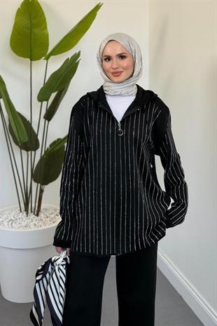 Verona Taşlı Fermuarlı Kapüşonlu Takım Siyah