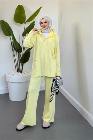 Verona Taşlı Fermuarlı Kapüşonlu Takım Butter Yellow