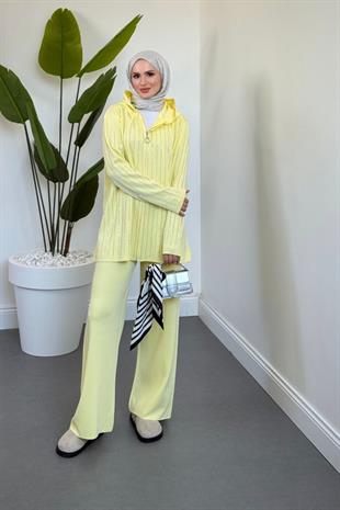 Verona Taşlı Fermuarlı Kapüşonlu Takım Butter Yellow