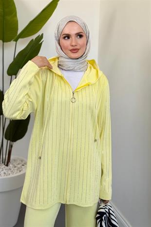 Verona Taşlı Fermuarlı Kapüşonlu Takım Butter Yellow
