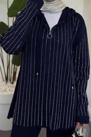 Verona Taşlı Fermuarlı Kapüşonlu Takım Lacivert