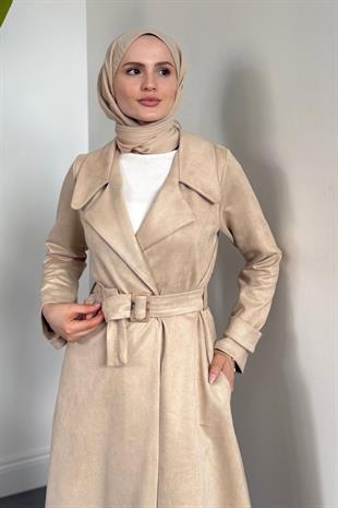 Veyora Nubuk Kemerli Kaban Krem