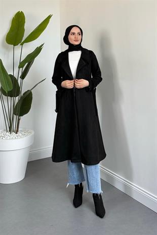 Veyora Nubuk Kemerli Kaban Siyah