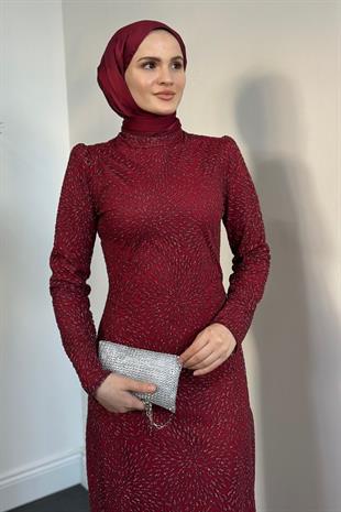 Virgin Simli Kalem Abiye Bordo