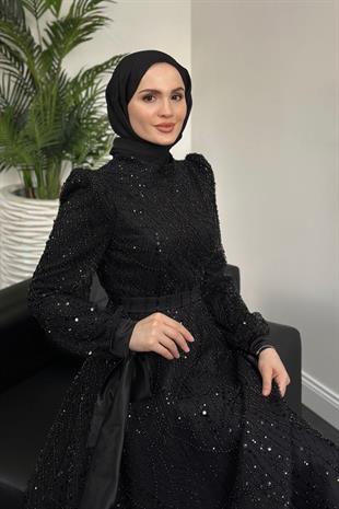 Vittoria Kolu Fiyonk Boncuk İşlemeli Abiye Siyah