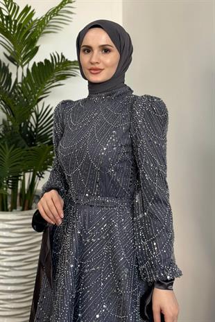 Vittoria Kolu Fiyonk Boncuk İşlemeli Abiye Füme
