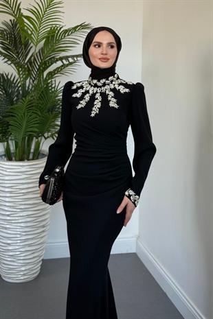 Viyola Kolu Ve Boynu Taşlı Abiye Siyah