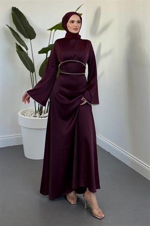 Vlasi Kolu Ve Beli Baget Taşlı Saten Abiye Mürdüm