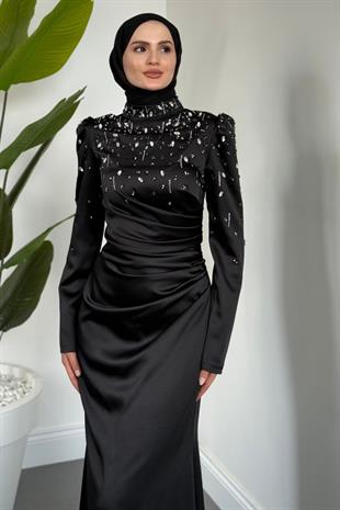 Wanda Saten Taşlı Balık Abiye Siyah