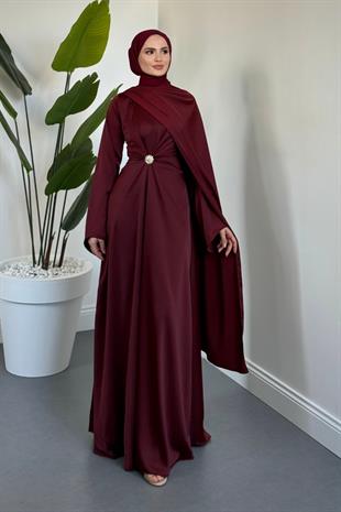 Wave Broşlu Pelerinli Saten Abiye Bordo