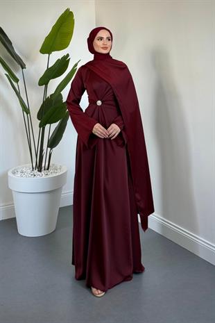 Wave Broşlu Pelerinli Saten Abiye Bordo