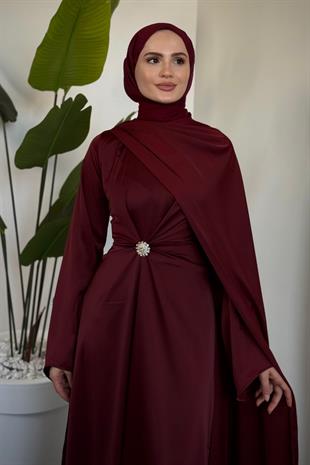 Wave Broşlu Pelerinli Saten Abiye Bordo