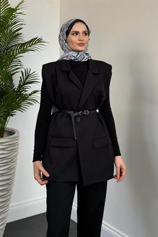 Willa Kemerli Vatkalı Yelek Siyah