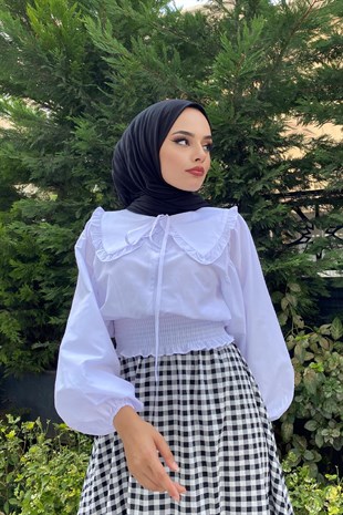 Yakalı Kısa Tesettür Bluz Beyaz