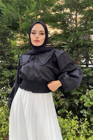 Yakalı Kısa Tesettür Bluz Siyah