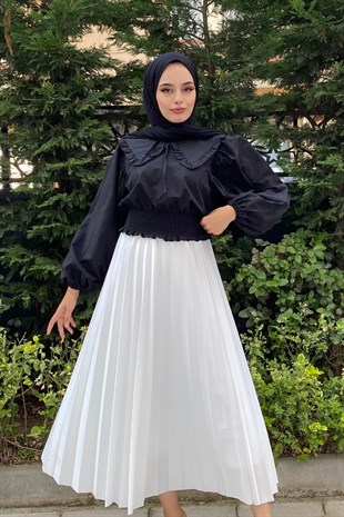 Yakalı Kısa Tesettür Bluz Siyah