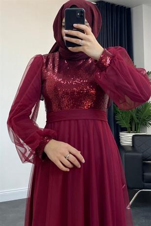 Yakamoz Tül Payet Abiye Bordo