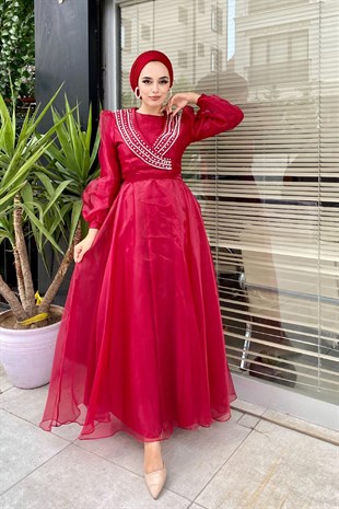 Yakası Taş İşlemeli Organze Abiye Bordo