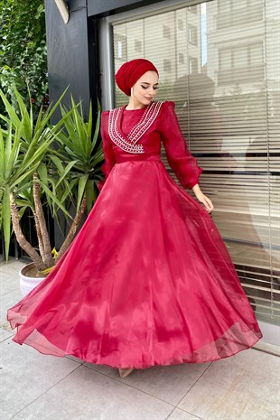 Yakası Taş İşlemeli Organze Abiye Bordo
