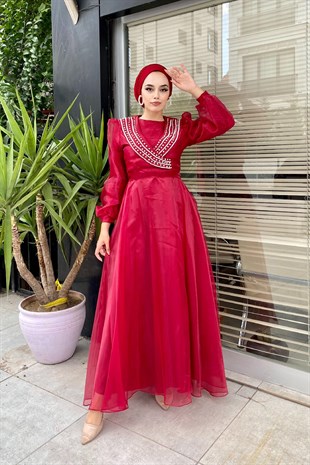 Yakası Taş İşlemeli Organze Abiye Bordo