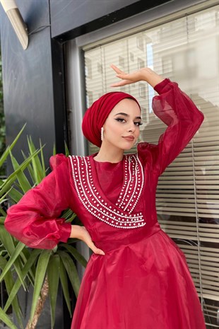Yakası Taş İşlemeli Organze Abiye Bordo