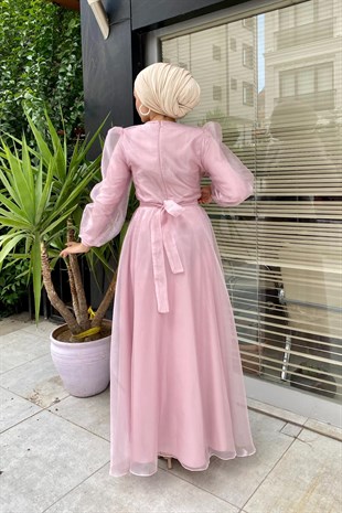 Yakası Taş İşlemeli Organze Abiye Pembe