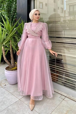 Yakası Taş İşlemeli Organze Abiye Pembe