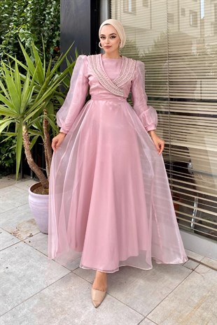 Yakası Taş İşlemeli Organze Abiye Pembe