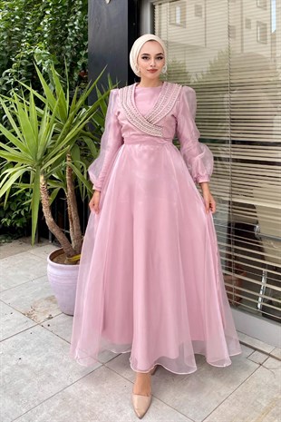 Yakası Taş İşlemeli Organze Abiye Pembe