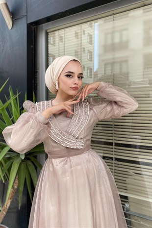 Yakası Taş İşlemeli Organze Abiye Vizon