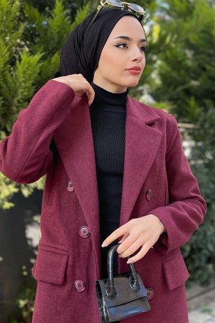 Yan Cepli Astarlı Kaşe Kaban Bordo