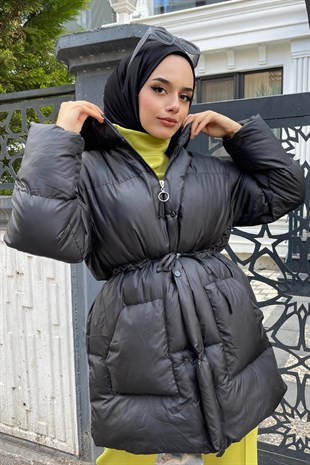 Yandan Cepli Şişme Mont Siyah
