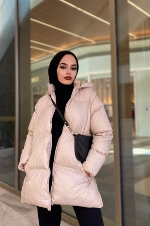 Yandan Fermuarlı Şişme Mont Bej