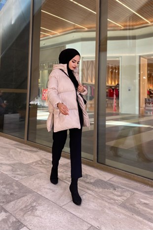 Yandan Fermuarlı Şişme Mont Bej