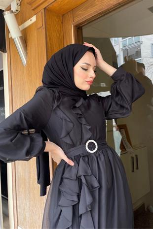 Yandan Fırfır Pilise Detay Abiye Siyah