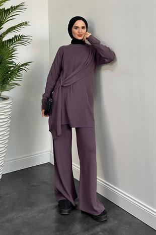 Yandan Şallı Triko Takım Leylak