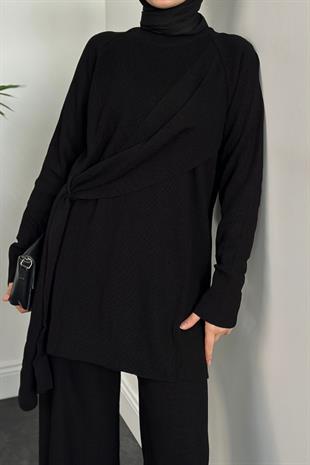 Yandan Şallı Triko Takım Siyah