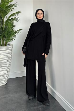 Yandan Şallı Triko Takım Siyah
