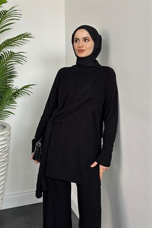 Yandan Şallı Triko Takım Siyah