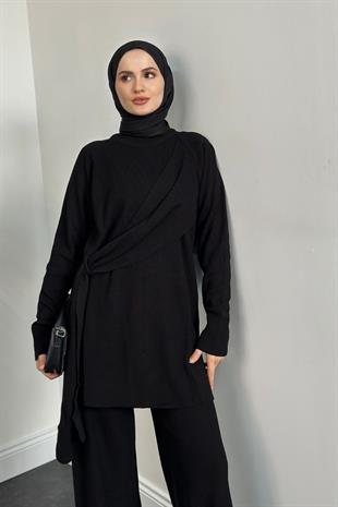 Yandan Şallı Triko Takım Siyah