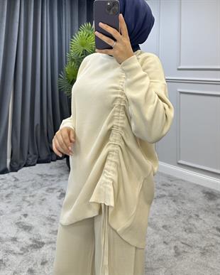 Yanı Büzgülü Triko Takım Ekru