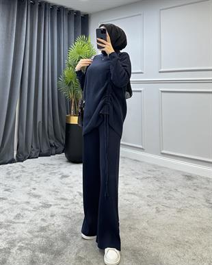 Yanı Büzgülü Triko Takım Lacivert